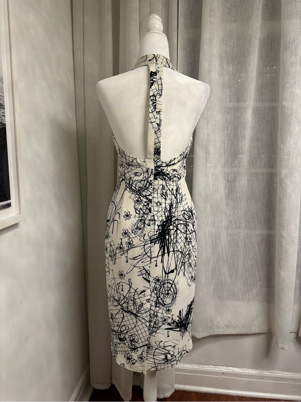 Cushnie Et Ochs Sexy Midi Halter Dress with Artistic Black Sketch Print